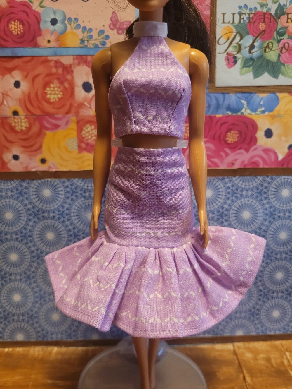 2 For $35 Handmade Lilac Patterned Flounce Skirt And Halter Top For Barbie